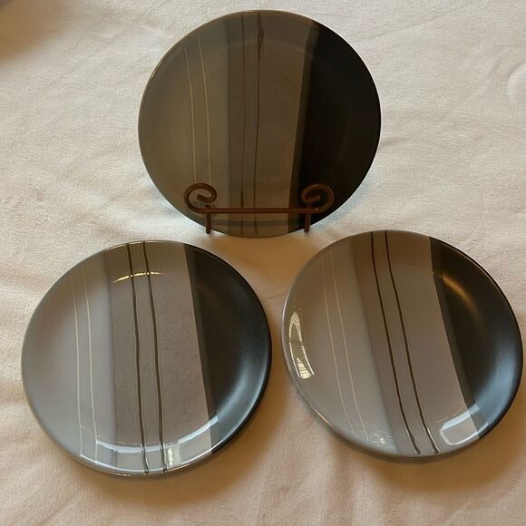 Pfaltzgraff Parker Gray Salad Plates 8 1/4 Inch Set Of 3 Round Stripsed Vintages - Picture 1 of 5